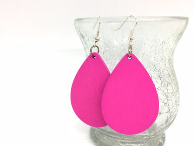 Teardrop wood earrings, painted wood earrings, wood jewelry, pink earrings, geometric hot pink earrings, statement earrings
