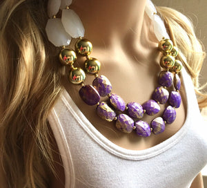 Purple Gold White Statement Necklace, Chunky Two Strand Jewelry, purple necklace, gold necklace, COLOR BLOCK, bib necklace, white gold