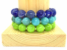 Load image into Gallery viewer, Colorful stretch rainbow bracelets, beaded silver jewelry, set 3 stretchy bracelet, bubble  royal sky blue green jewelry arm stacking wrap