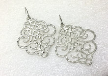 Load image into Gallery viewer, Filigree Earrings, SHINY silver drop Earrings, Metal Filigree Earrings, filigree jewelry, silver jewelry cutout lace earrings silver pendant