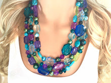 Load image into Gallery viewer, Mermaid Peacock Chunky Statement Necklace, Triple Strand Beaded Jewelry, Purple Blue Green jewelry, bridesmaid wedding bib resin