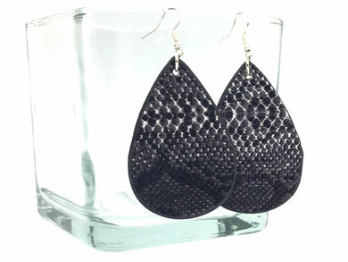 Black Vegan Leather Earrings, Black drop Earrings, animal print Earrings, boho teardrop earrings, snakeskin earrings, black jewelry