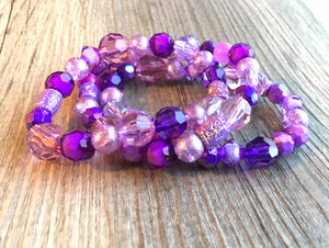 3 Purple beaded stretch bracelets, beaded jewelry, crystal stretchy bracelet, rainbow friendship arm stacking lavender eggplant dark purple