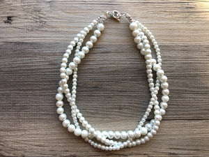 Braided White mixed size Pearl Statement Necklace, Big Pearl Necklace, White Necklace, Bridesmaid jewelry wedding statement necklace