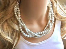 Load image into Gallery viewer, Braided White mixed size Pearl Statement Necklace, Big Pearl Necklace, White Necklace, Bridesmaid jewelry wedding statement necklace