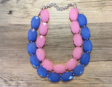 Load image into Gallery viewer, Blue &amp; Pink Necklace, multi strand jewelry, big beaded chunky statement necklace, blue necklace, bridesmaid necklace, gender reveal party