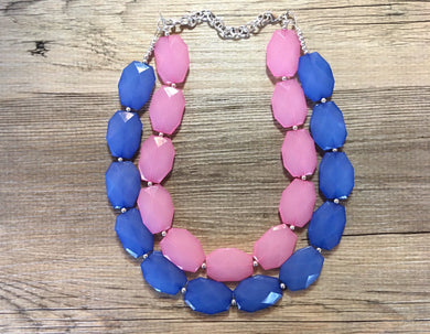 Blue & Pink Necklace, multi strand jewelry, big beaded chunky statement necklace, blue necklace, bridesmaid necklace, gender reveal party