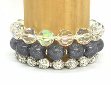 Load image into Gallery viewer, 3 Neutral stretch bracelets, beaded silver jewelry, rhinestone stretchy bracelet, rainbow friendship arm stacking glass, gray silver glitter