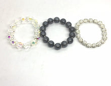 Load image into Gallery viewer, 3 Neutral stretch bracelets, beaded silver jewelry, rhinestone stretchy bracelet, rainbow friendship arm stacking glass, gray silver glitter