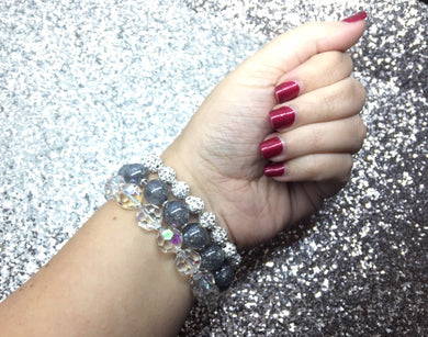 3 Neutral stretch bracelets, beaded silver jewelry, rhinestone stretchy bracelet, rainbow friendship arm stacking glass, gray silver glitter