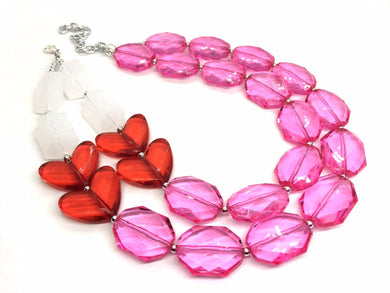 Valentine Pink & Red Necklace, multi strand jewelry, big beaded chunky statement necklace, valentine jewelry, bib bridesmaid necklace