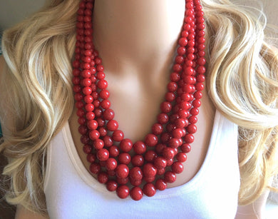 Red Beaded statement necklace, extra chunky graduated bead red jewelry, crimson long necklace jewelry, red earrings jewelry set