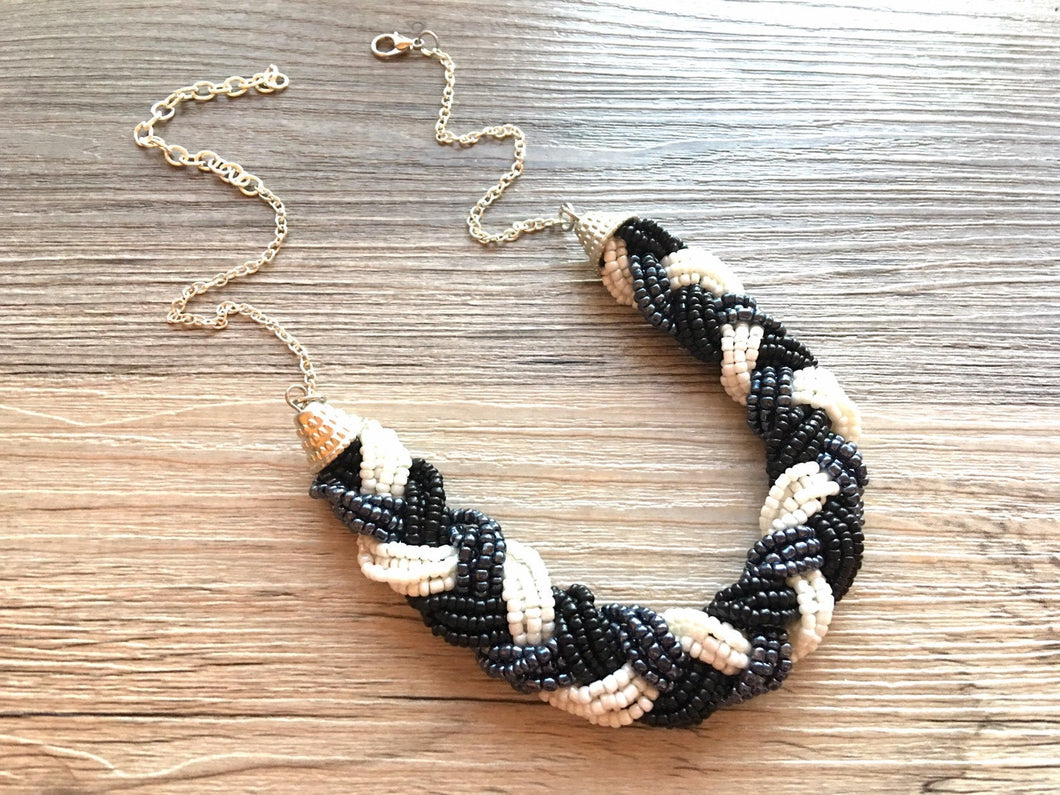 Black Metallic Gray White Braided Statement Necklace - Seed Bead Jewelry, chunky bib silver necklace, black necklace, beaded necklace