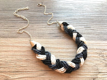 Load image into Gallery viewer, Braided Statement Necklace - Seed Bead Jewelry - Black, White, and Gray