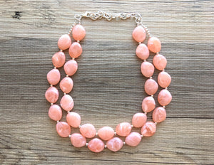 Peach Chunky Statement jewelry set, Big bib beaded jewelry, Double Strand Statement Necklace earrings, peach bridesmaid wedding, Magnolia