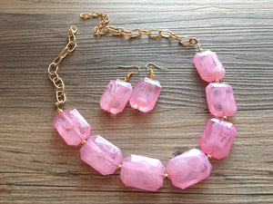 Creamy cotton candy pink Statement Necklace & Earrings, pink jewelry, Your Choice GOLD or SILVER, pink bib chunky necklace