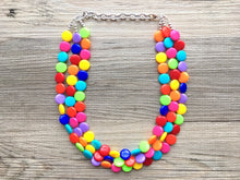 Load image into Gallery viewer, Triple Rainbow Beaded Necklace, Colorful Jewelry, Chunky statement necklace, big beaded necklace, rainbow jewelry, rainbow baby confetti
