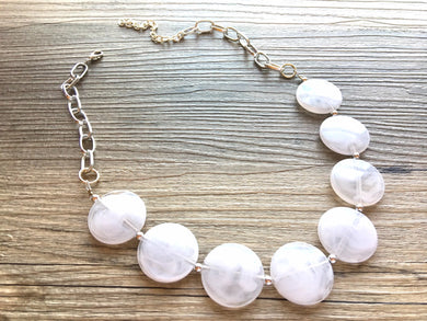 White Cloudy Statement Necklace & Earring set, white jewelry, Your Choice of GOLD or SILVER, white bib chunky necklace, white circle necklac