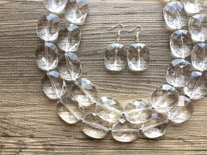 Clear Crystal Statement Necklace - Faceted Oval Beaded Everyday neutral jewelry - silver accents chunky bib necklace