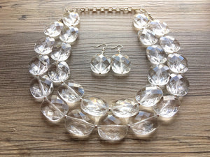 Clear Crystal Statement Necklace - Faceted Oval Beaded Everyday neutral jewelry - silver accents chunky bib necklace