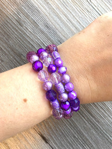 3 Purple beaded stretch bracelets, beaded jewelry, crystal stretchy bracelet, rainbow friendship arm stacking lavender eggplant dark purple