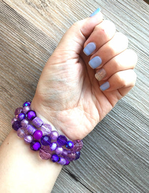 3 Purple beaded stretch bracelets, beaded jewelry, crystal stretchy bracelet, rainbow friendship arm stacking lavender eggplant dark purple