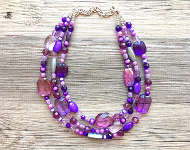 Purple Chunky Statement Necklace, Triple Strand Beaded Jewelry, lilac lavendar eggplant jewelry, purple bridesmaid wedding jewlery crystal