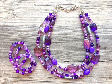 Purple Chunky Statement Necklace & Stretch Bracelet set, Triple Strand Beaded Jewelry, lilac lavendar eggplant jewelry, purple bridesmaid