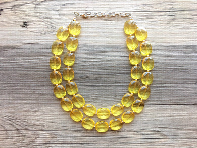 Sunny Yellow Statement Necklace, Beaded Everyday yellow jewelry, silver accents chunky bib necklace, clear resin lucite earrings yellow