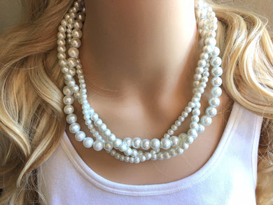 Braided White mixed size Pearl Statement Necklace, Big Pearl Necklace, White Necklace, Bridesmaid jewelry wedding statement necklace