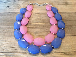 Blue & Pink Necklace, multi strand jewelry, big beaded chunky statement necklace, blue necklace, bridesmaid necklace, gender reveal party