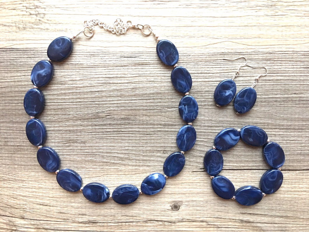 Navy Blue Statement Necklace Jewelry Set, Chunky Jewelry Big Beaded Single Strand Necklace, blue Necklace, dark blue Jewelry Set