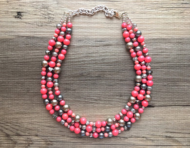 Coral & Silver Triple Layer Statement Necklace, Coral Necklace, silver and pink necklace, beaded necklace, coral jewelry, metallic silver