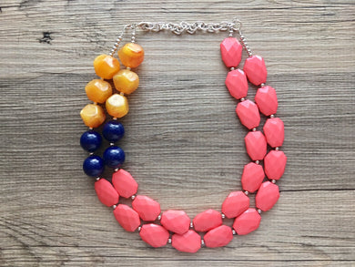 Marigold Coral Navy statement necklace and earring set, color block jewelry, yellow pink chunky bib silver necklace, beaded jewelry
