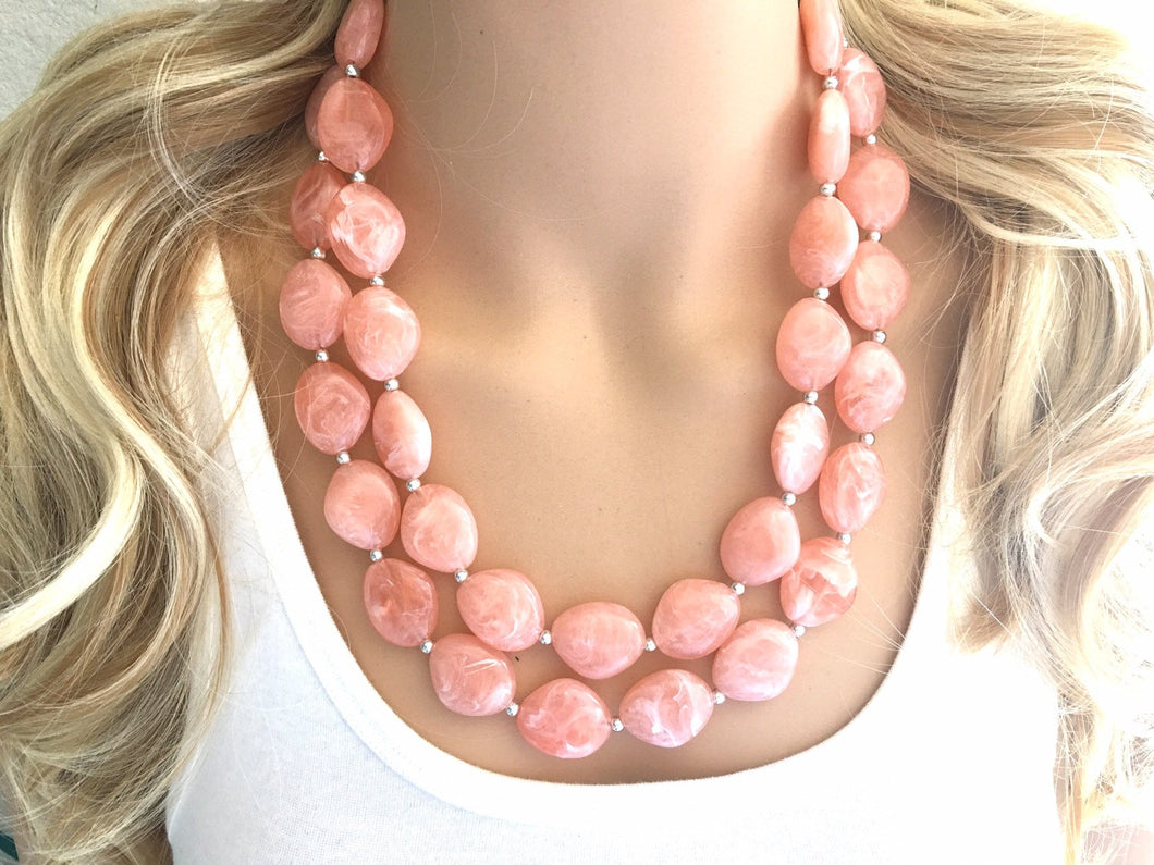 Peach Chunky Statement jewelry set, Big bib beaded jewelry, Double Strand Statement Necklace earrings, peach bridesmaid wedding, Magnolia