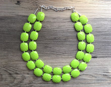 Load image into Gallery viewer, Green Apple statement necklace, chunky green necklace, double strand necklace, lime green jewelry, beaded jewelry, everyday necklace, green