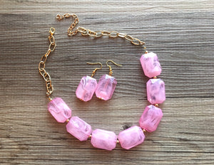 Creamy cotton candy pink Statement Necklace & Earrings, pink jewelry, Your Choice GOLD or SILVER, pink bib chunky necklace