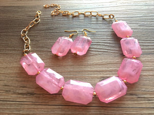 Blush Pink Creamy cotton candy pink Statement Necklace & Earrings, pink jewelry, Your Choice GOLD or SILVER, pink bib chunky necklace