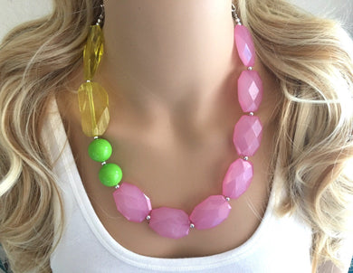 Pink Yellow Green Tropical Breeze Necklace, Beaded Womens Jewelry, Neon Yellow olive lime green blush Pink Statement Necklace