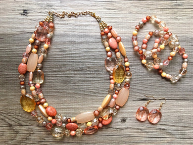 Peach Chunky Statement Necklace & Stretch Bracelet set, Triple Strand Beaded Jewelry, coral pink jewelry, peach bridesmaid marigold gold