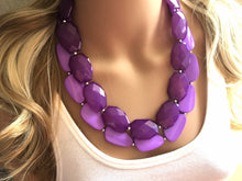 Load image into Gallery viewer, Chunky Statement Purple Necklace, multi strand colorful jewelry, big beaded chunky statement necklace, violet necklace, purple jewelry