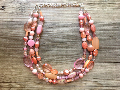 Pink Peach & Coral Statement Necklace, multi strand bright jewelry, chunky statement necklace, coral necklace, blush pink necklace jewelry