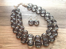 Load image into Gallery viewer, Dark Gray Double Strand statement necklace, big beaded chunky jewelry, gray earrings necklace jewelry set, beaded jewelry smoke gray