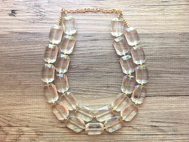 Chunky Clear Crystal Statement Necklace, Faceted Everyday neutral jewelry, statement necklace, silver or gold accents chunky bib necklace