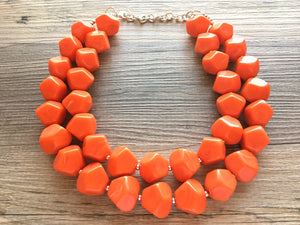 Bright Chunky Orange Statement Necklace, Big beaded jewelry, Double Strand Statement Necklace, Bib necklace orange bridesmaid wedding silver