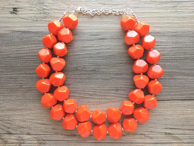 Bright Chunky Orange Statement Necklace, Big beaded jewelry, Double Strand Statement Necklace, Bib necklace orange bridesmaid wedding silver