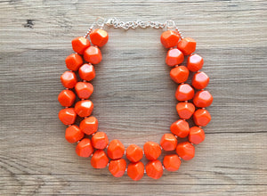 Bright Chunky Orange Statement Necklace, Big beaded jewelry, Double Strand Statement Necklace, Bib necklace orange bridesmaid wedding silver