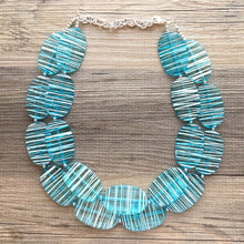 Load image into Gallery viewer, Blue Statement Necklace - Double Strand Teal and White Big Bead Jewelry bib chunky oval bead turquoise, blue and white necklace, light blue