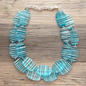 Blue Statement Necklace - Double Strand Teal and White Big Bead Jewelry bib chunky oval bead turquoise, blue and white necklace, light blue