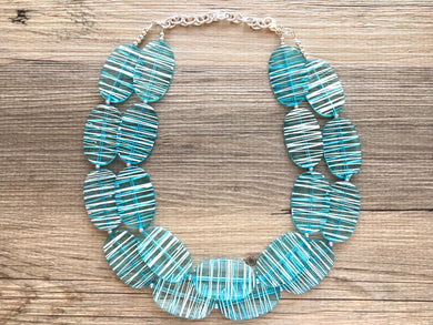 Blue Statement Necklace - Double Strand Teal and White Big Bead Jewelry bib chunky oval bead turquoise, blue and white necklace, light blue